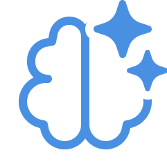 Blue brain icon with sparkles on black.