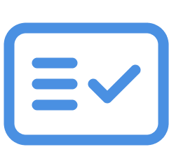 Blue icon with checkmark and lines.