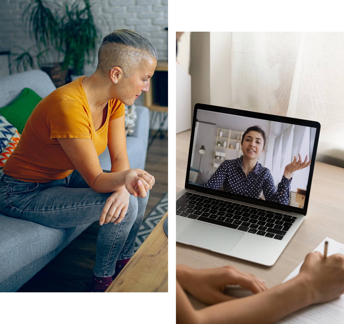 A woman video calls a man on a laptop while sitting in a cozy room.